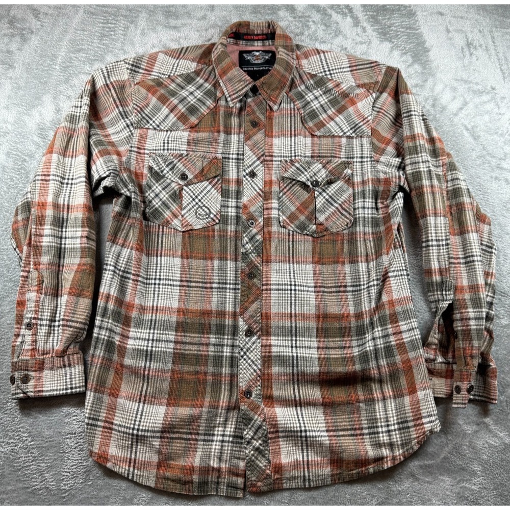 Harley-Davidson Men's L Flannel Shirt Plaid Snap Western Pearl Snap Genuine
